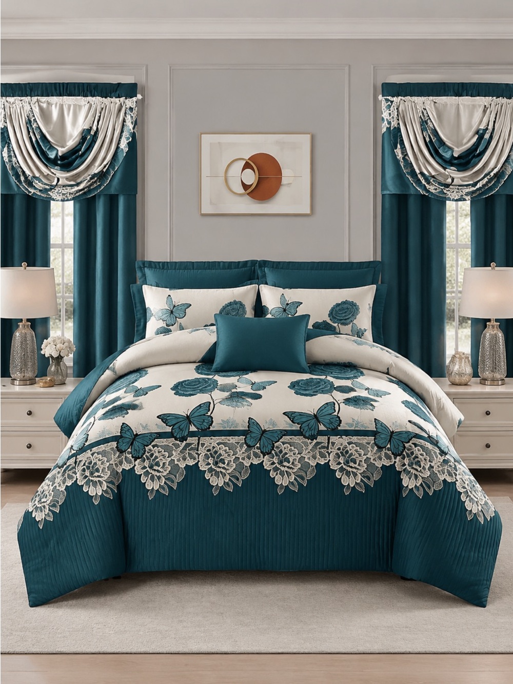 Teal Floral & Butterfly Comforter Set - Coordinated Bedroom Ensemble